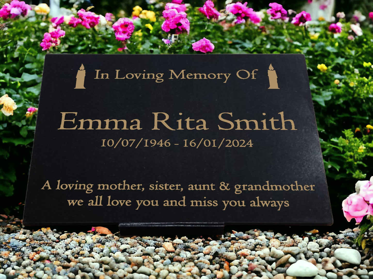 Granite Memorial Plaque, Candle Design, Personalised Engraved Tribute