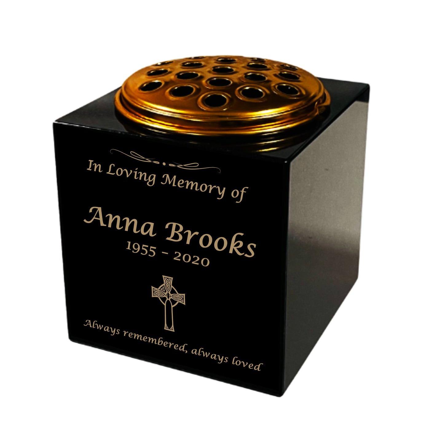 Granite Memorial Vase- Solid Granite – Free Personalized Gold Engraving, Celtic Cross – Includes Metal Flower Pot Insert