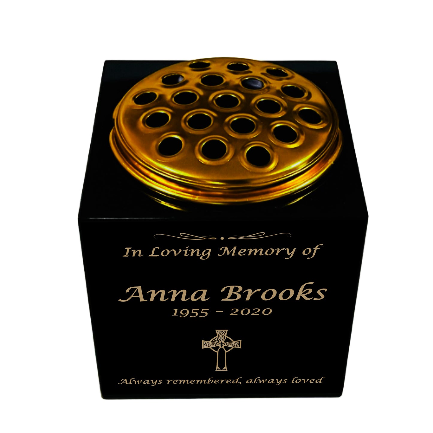 Granite Memorial Vase- Solid Granite – Free Personalized Gold Engraving, Celtic Cross – Includes Metal Flower Pot Insert