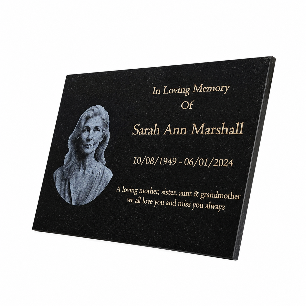 Granite Memorial Plaque, Add a Portrait, Personalized Text and Stand Included