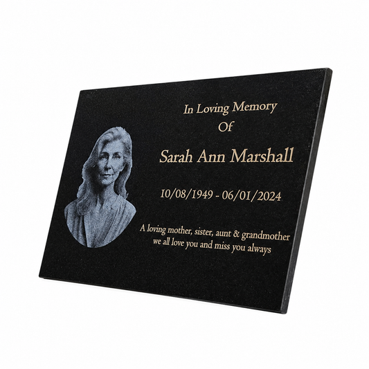 Granite Memorial Plaque, Add a Portrait, Personalized Text and Stand Included