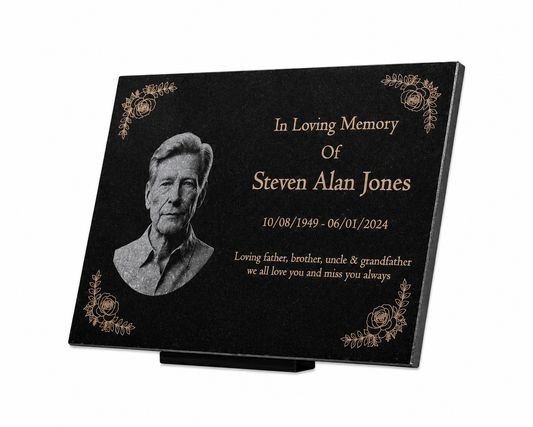 Granite Memorial Plaque, Flowers, Add a Portrait, Personalized Text and Stand Included