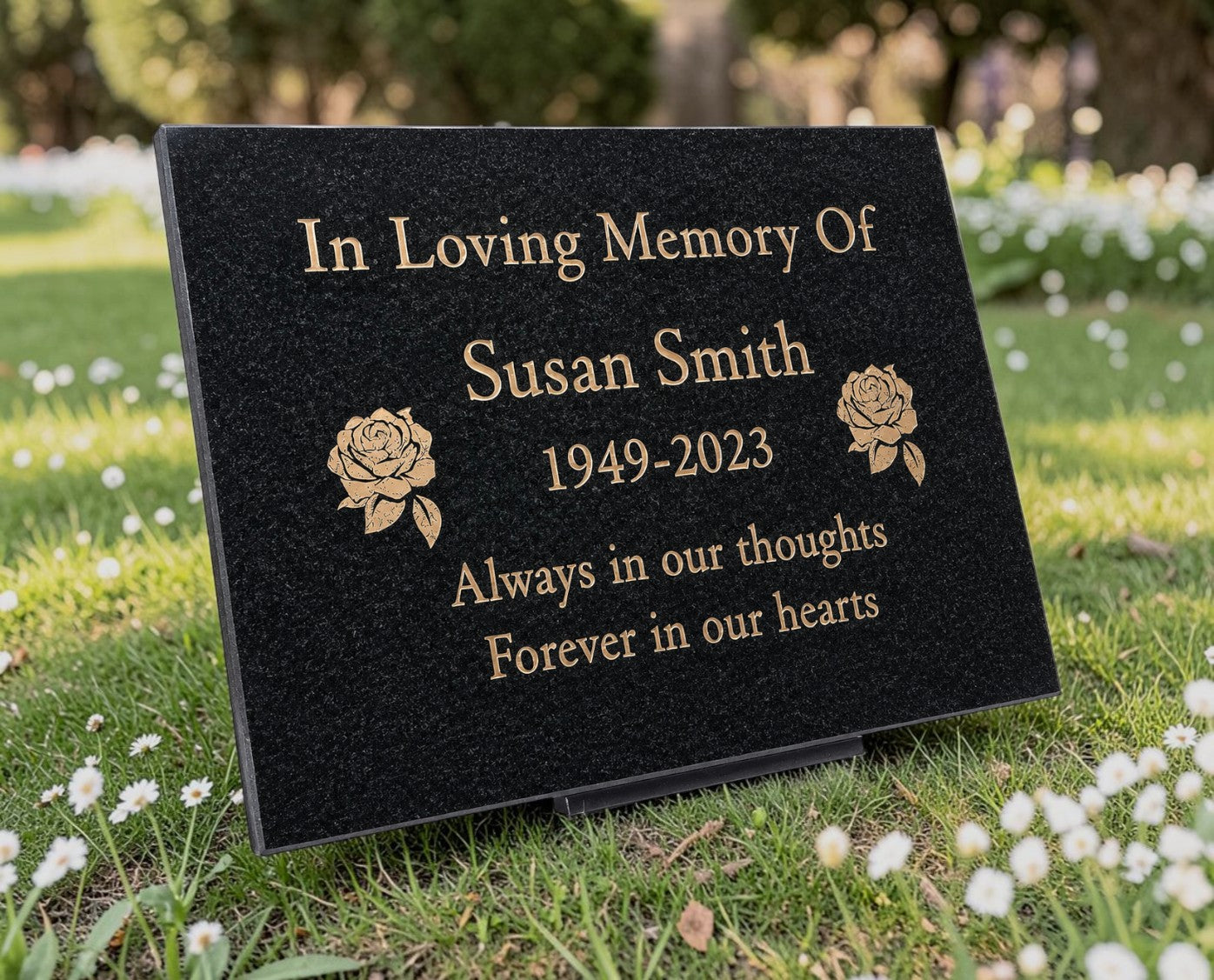 Granite Memorial Plaque, Roses, Personalized, Stand Included
