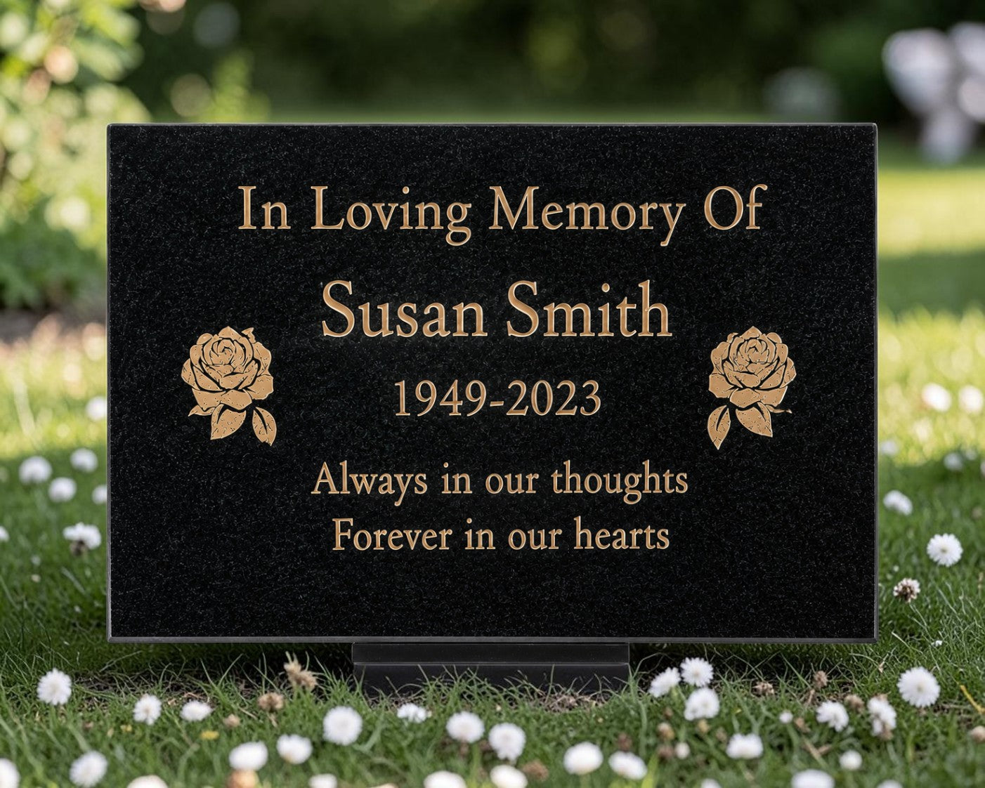 Granite Memorial Plaque, Roses, Personalized, Stand Included
