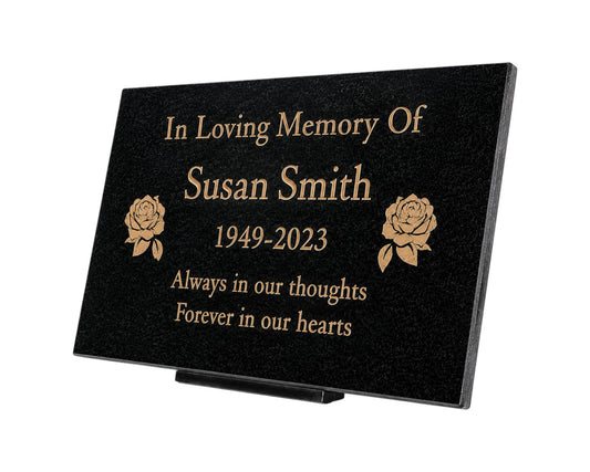 Granite Memorial Plaque, Roses, Personalized, Stand Included