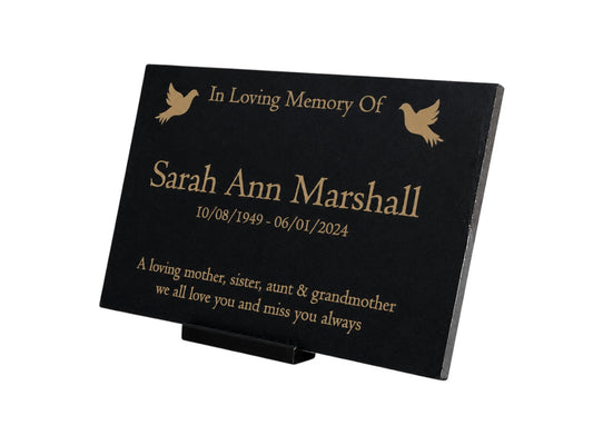 Granite Memorial Plaque, Doves, Personalized, Stand Included