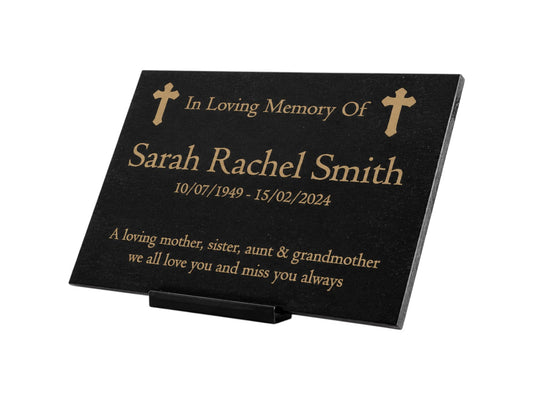Granite Memorial Plaque, Crosses, Personalized, Stand Included