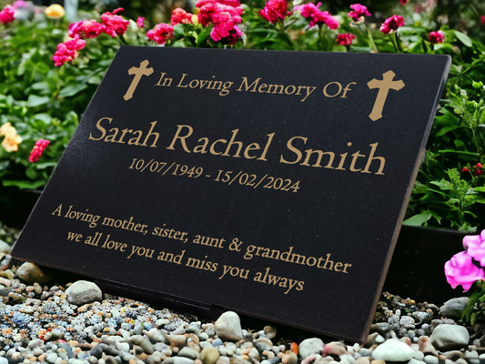 Granite Memorial Plaque, Crosses, Personalised, Stand Included