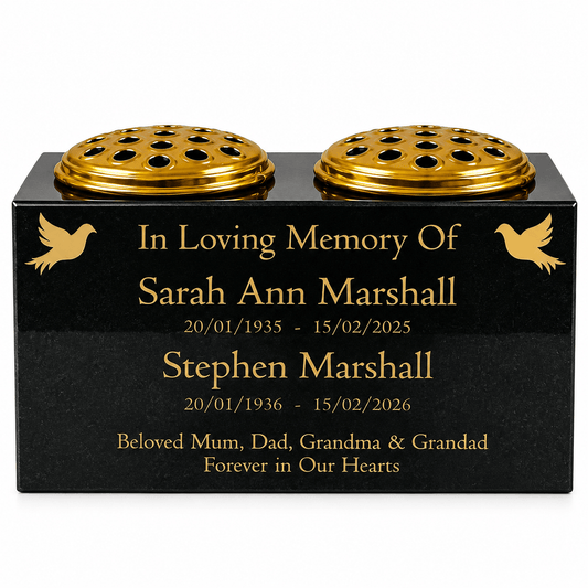 Personalised Granite Double Memorial Vase – Two Names & Two Flower Holders 12x6x6 inches