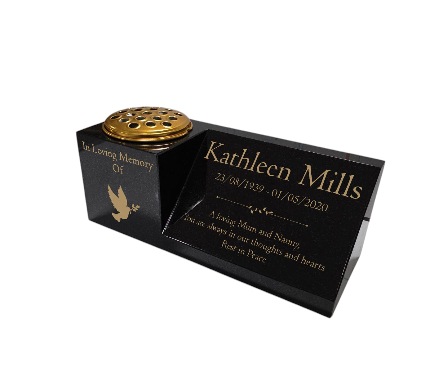 Granite Memorial Vase and Plaque Combination – Dove Design, Solid Granite (16x6x6”) with Flower Pot Insert