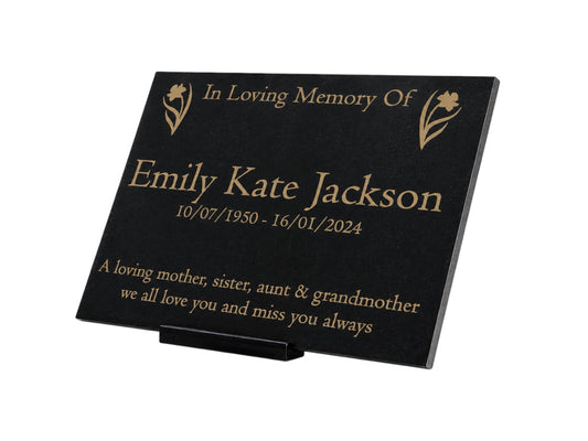Granite Memorial Plaque, Daffodil, Stand Included