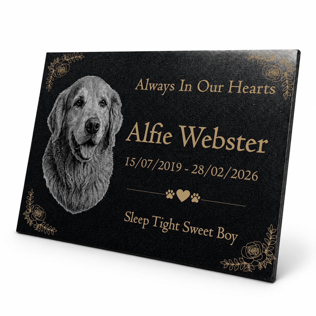 Dog Memorial Granite Photo Plaque - Floral Design
