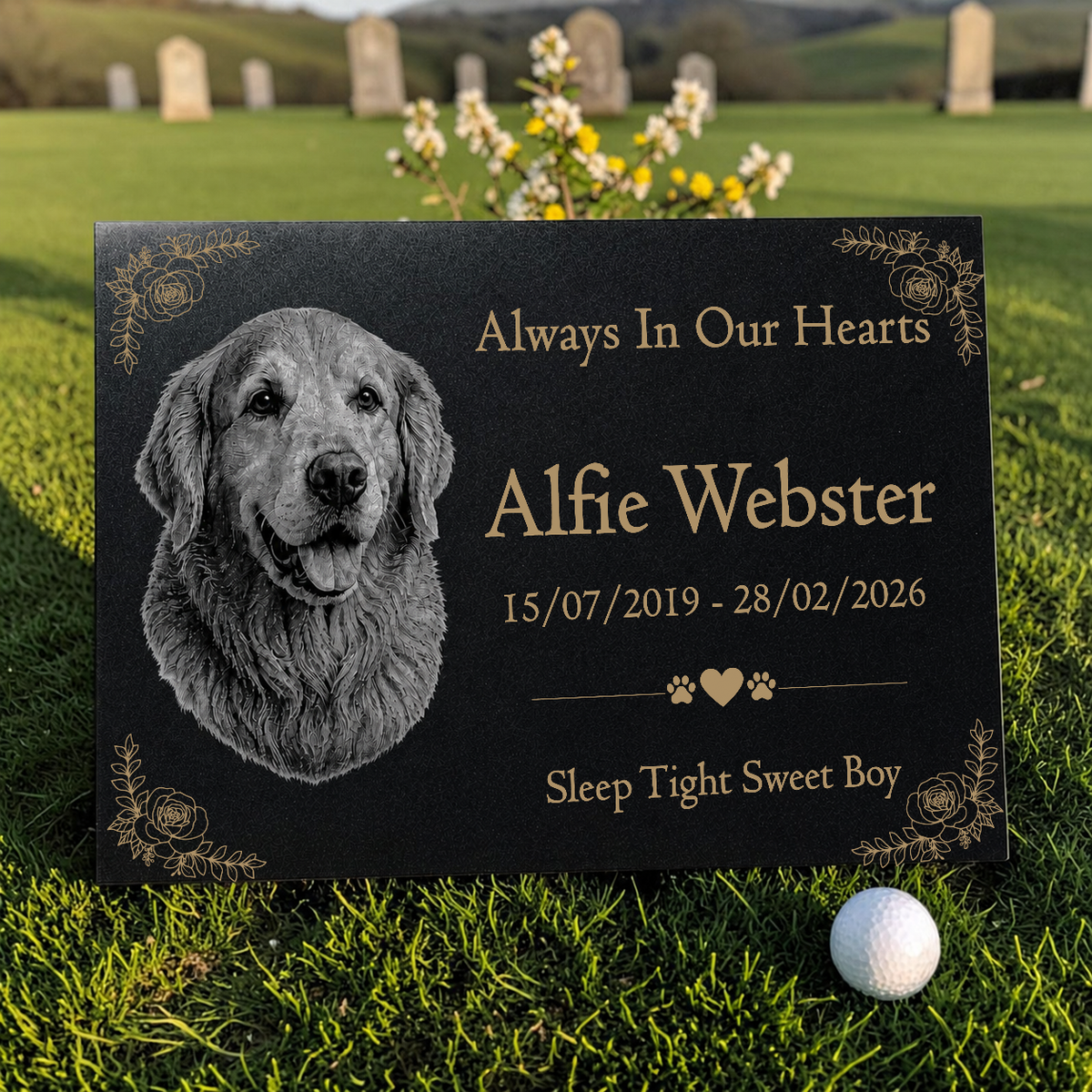 Dog Memorial Granite Photo Plaque - Floral Design
