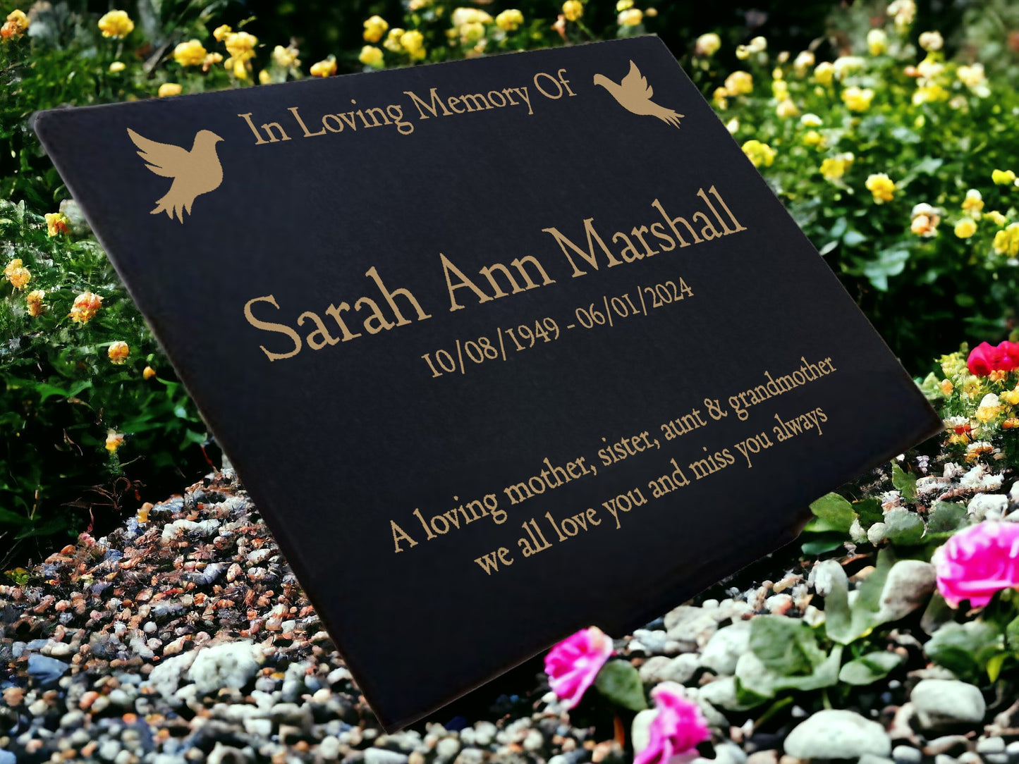 Granite Memorial Plaque, Doves, Personalised, Stand Included