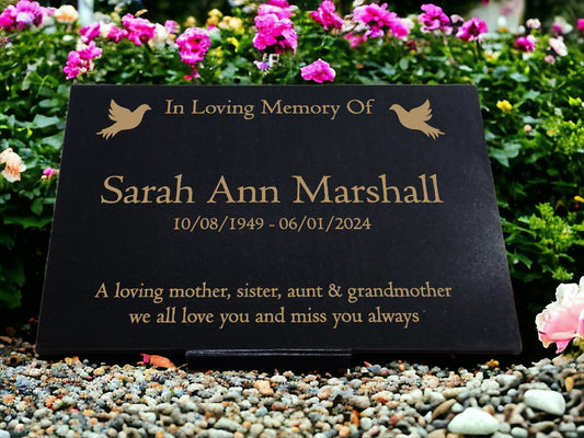 Granite Memorial Plaque, Doves, Personalised, Stand Included