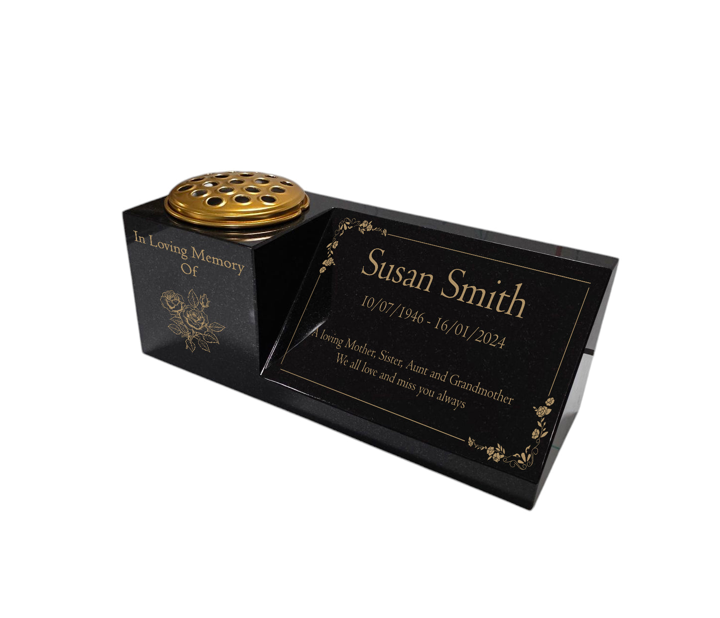 Granite Memorial Vase and Plaque Combination – Floral Design, Solid Granite (16x6x6”) with Flower Pot Insert