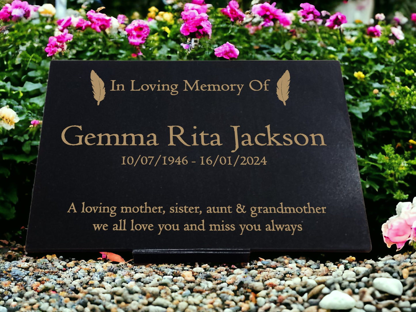 Granite Memorial Plaque, Feather, Personalized, Stand Included