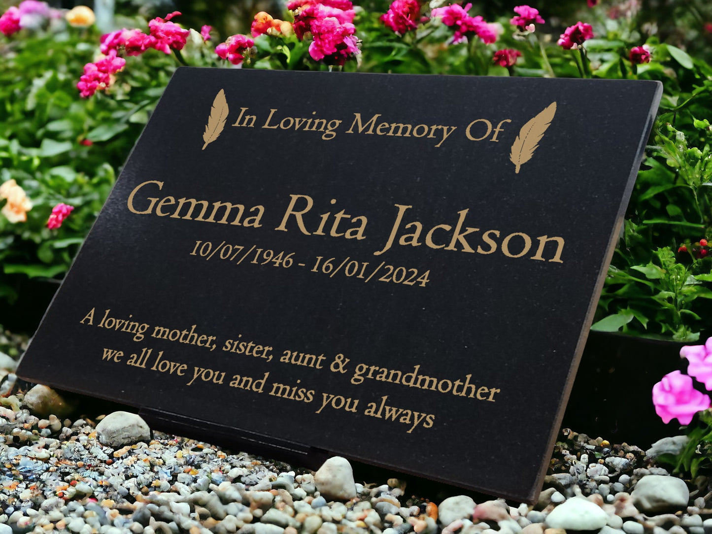 Granite Memorial Plaque, Feather, Personalized, Stand Included