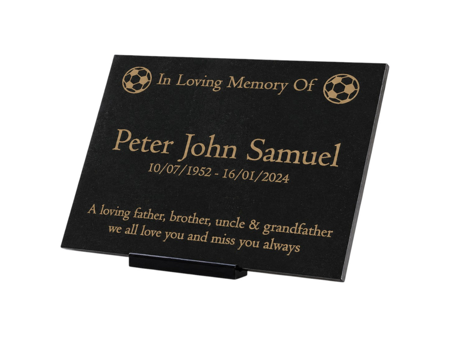 Granite Memorial Plaque, Soccer Ball, Stand Included