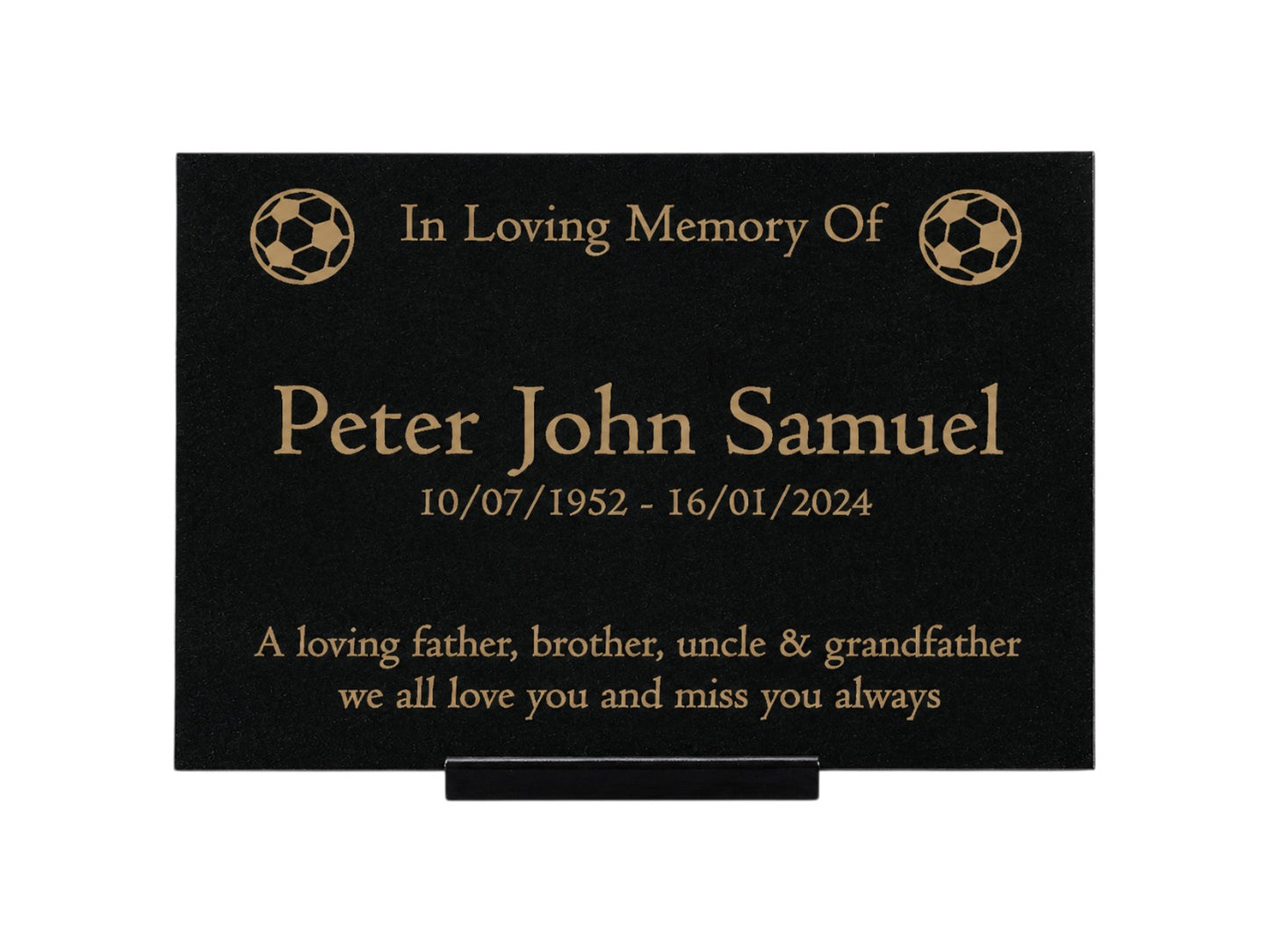 Granite Memorial Plaque, Soccer Ball, Stand Included