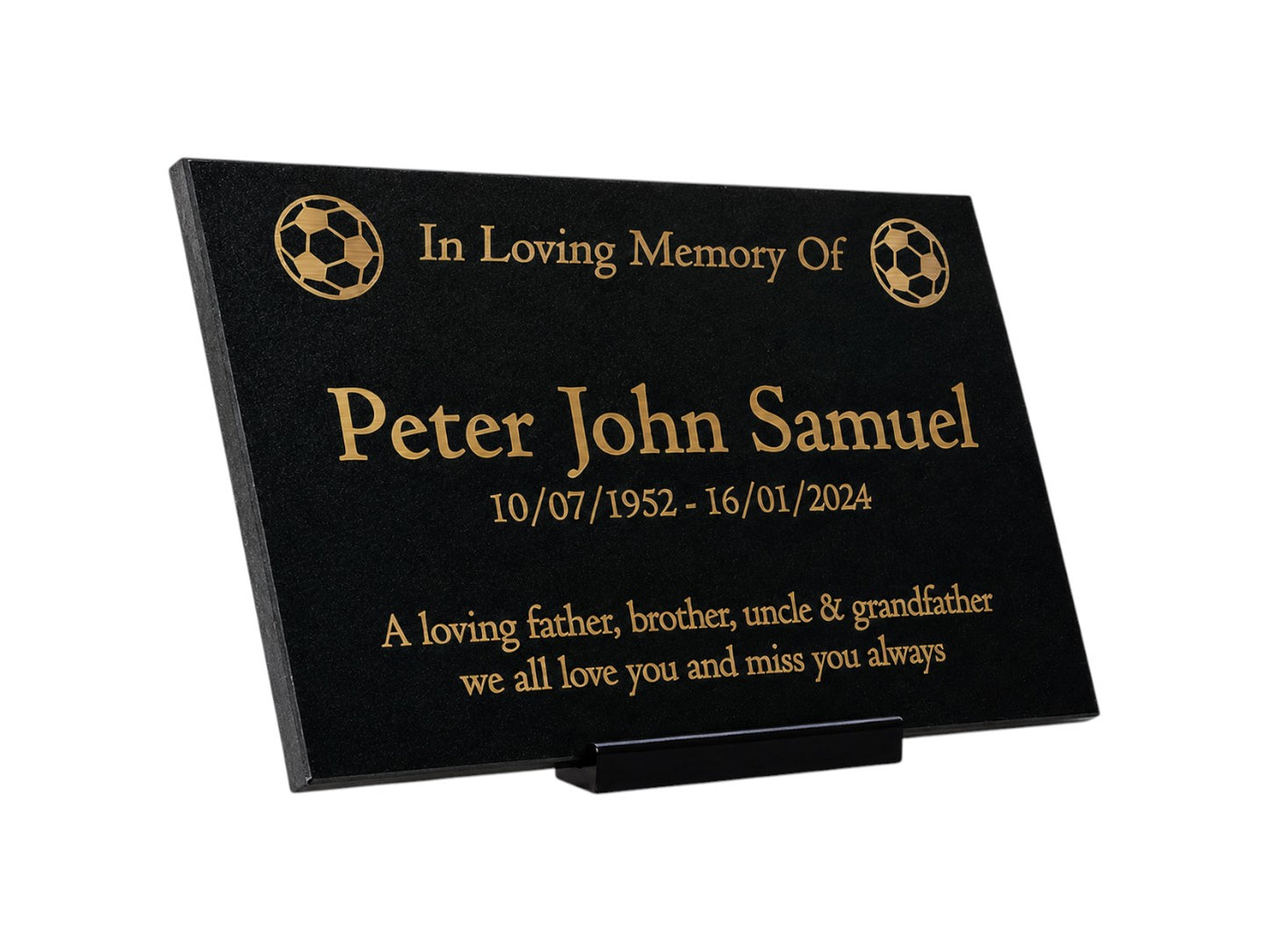 Granite Memorial Plaque, Soccer Ball, Stand Included