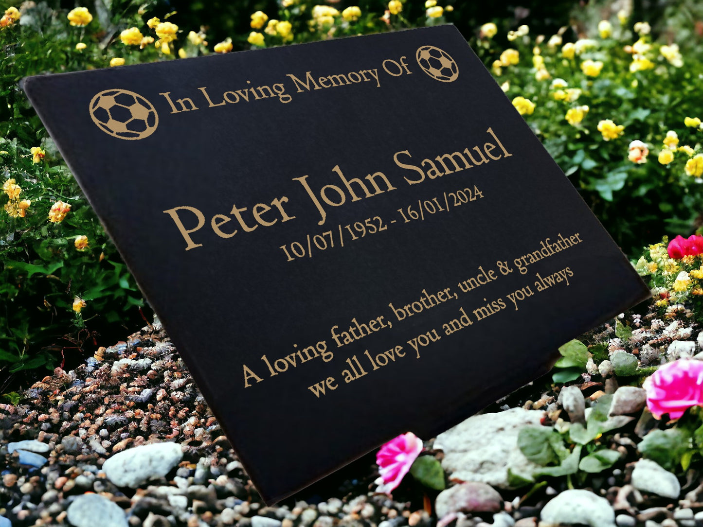 Granite Memorial Plaque, Soccer Ball, Stand Included