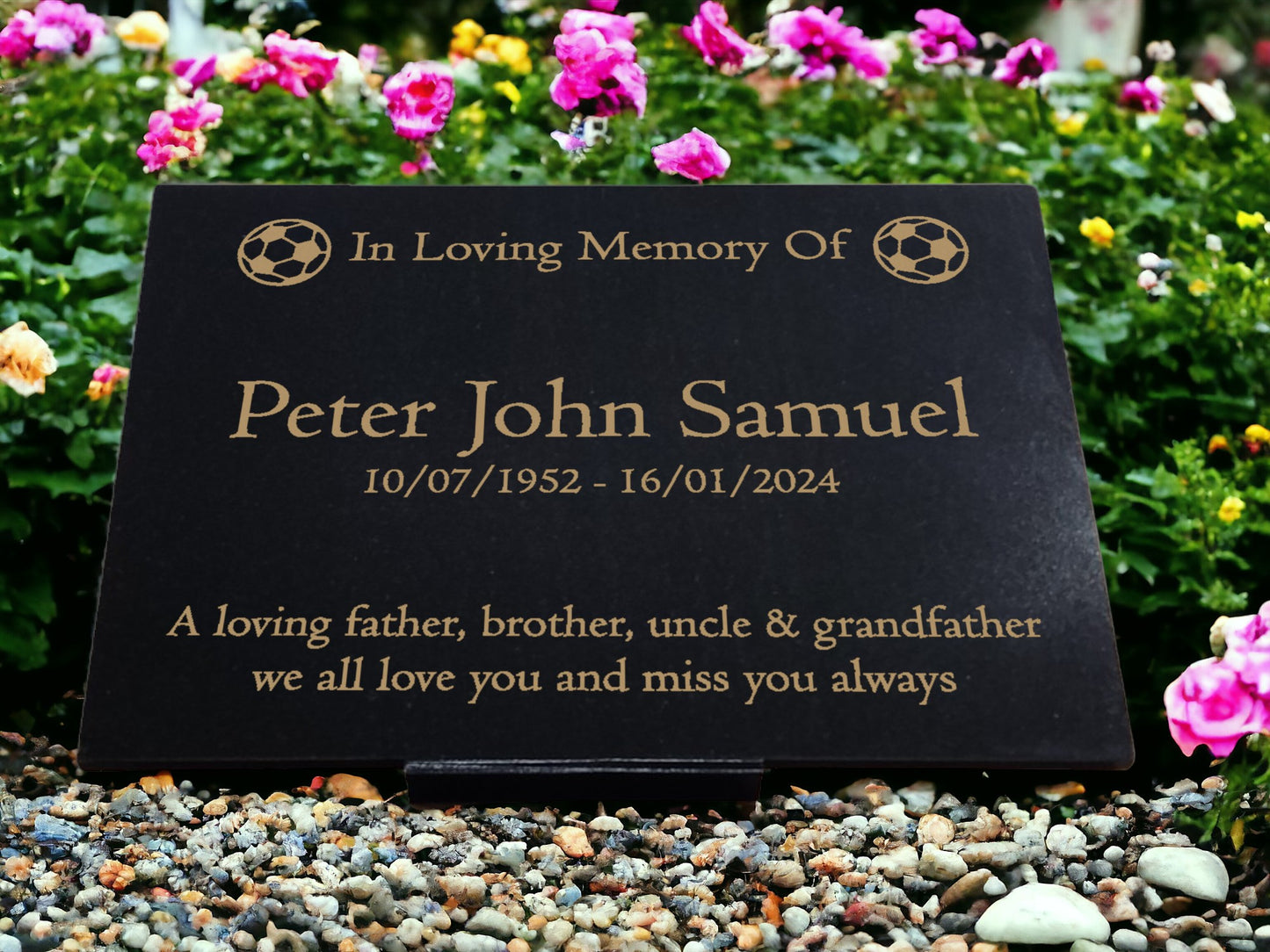 Granite Memorial Plaque, Soccer Ball, Stand Included