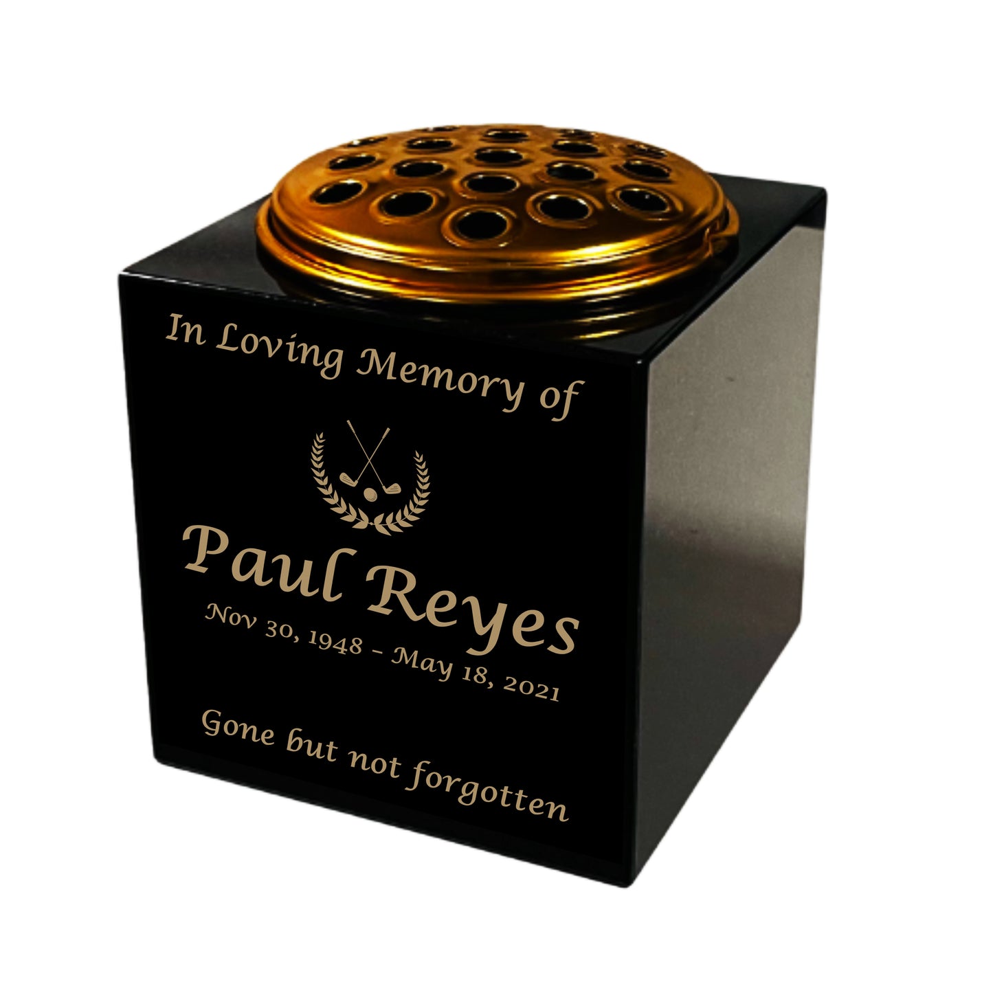 Granite Memorial Vase- Solid Granite – Free Personalized Gold Engraving, Golf Design – Includes Metal Flower Pot Insert