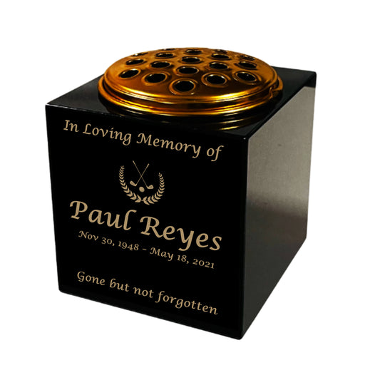 Granite Memorial Vase- Solid Granite – Free Personalised Gold Engraving, Golf Design – Includes Metal Flower Pot Insert