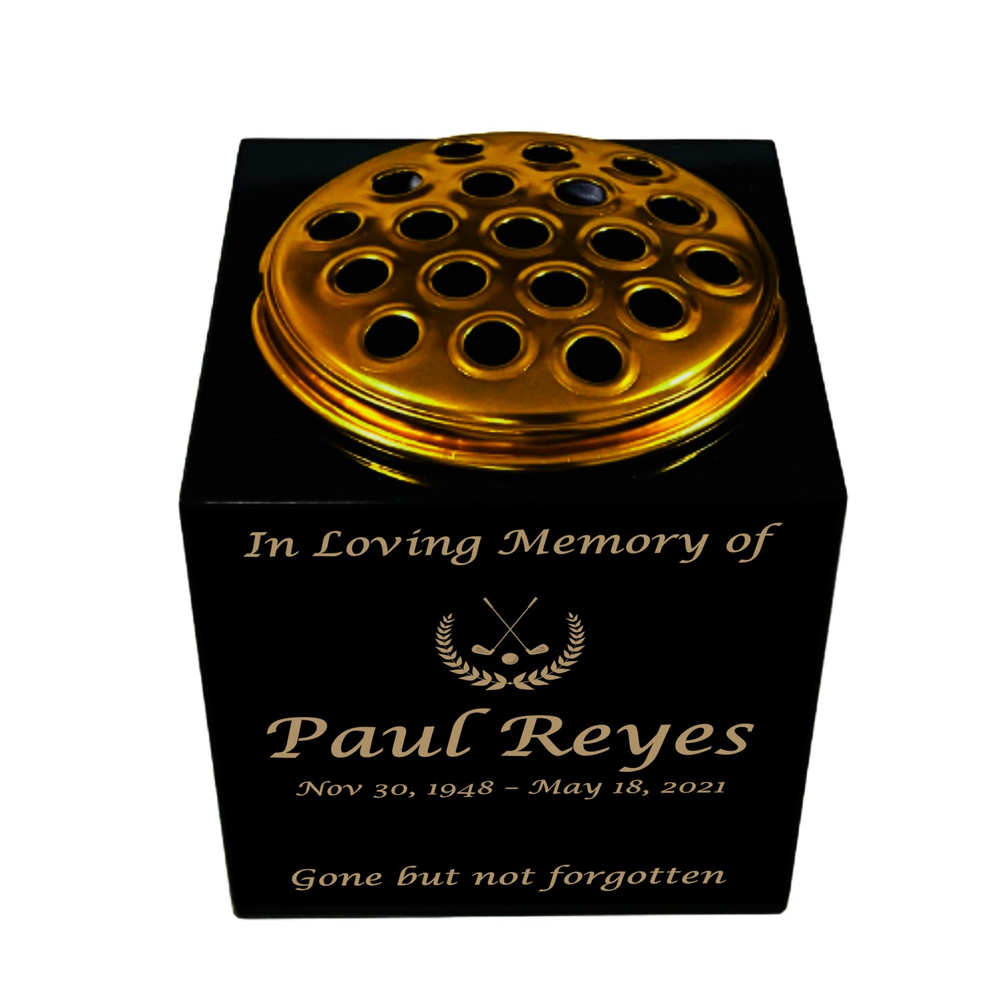 Granite Memorial Vase- Solid Granite – Free Personalized Gold Engraving, Golf Design – Includes Metal Flower Pot Insert