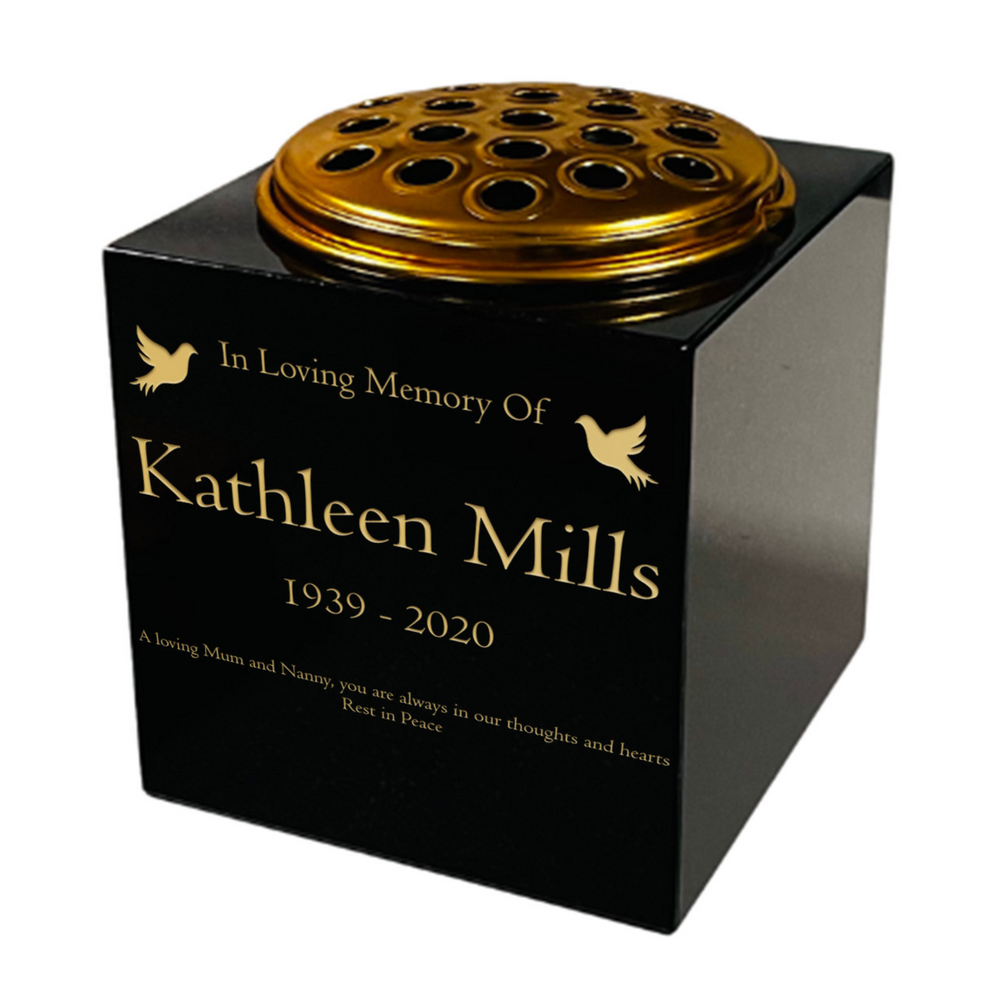 Granite Memorial Vase- Solid Granite – Free Personalised Gold Engraving, Dove – Includes Metal Flower Pot Insert