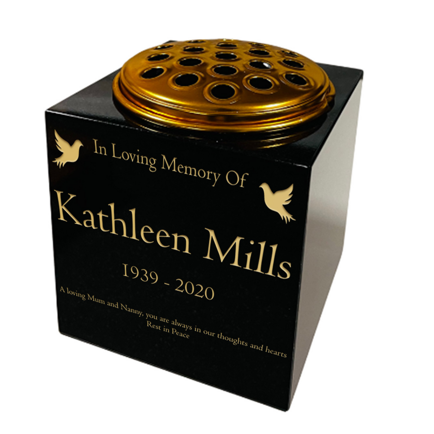 Granite Memorial Vase- Solid Granite – Free Personalised Gold Engraving, Dove – Includes Metal Flower Pot Insert