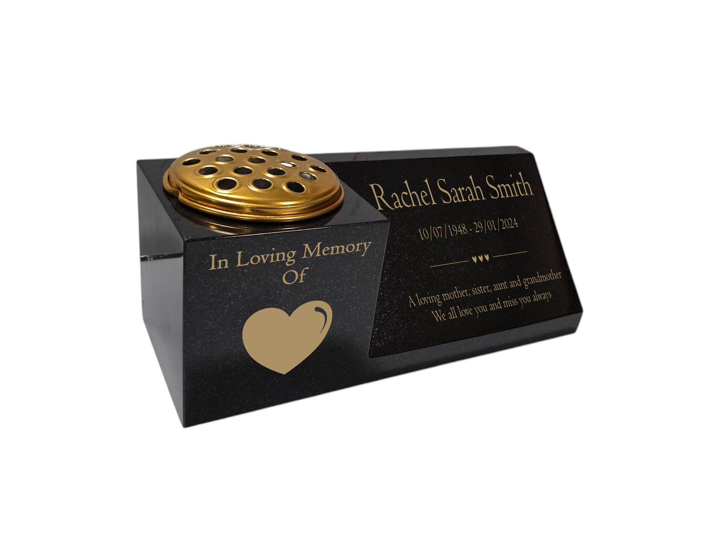 Granite Memorial Vase and Plaque Combination – Heart Design, Solid Granite (16x6x6”) with Flower Pot Insert