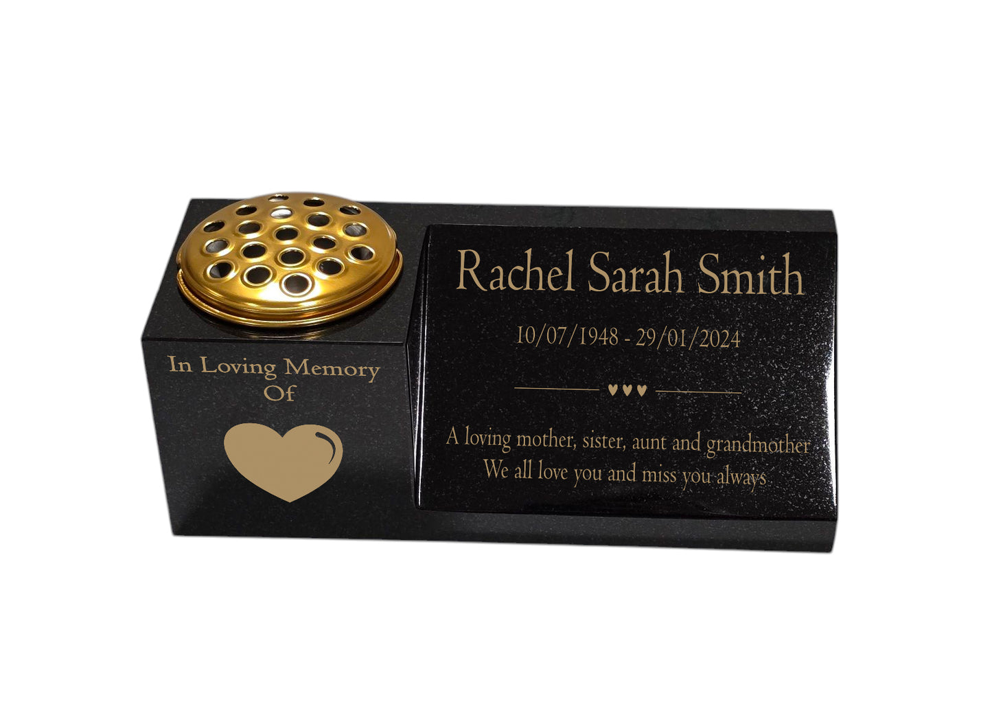 Granite Memorial Vase and Plaque Combination – Heart Design, Solid Granite (16x6x6”) with Flower Pot Insert