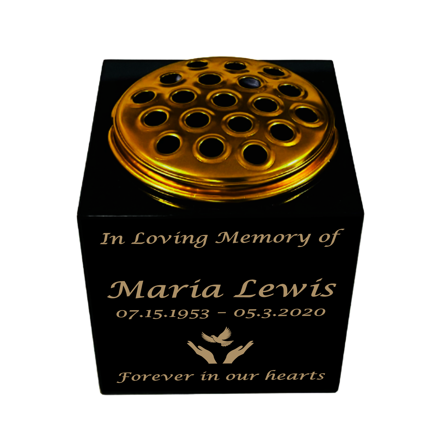 Granite Memorial Vase- Solid Granite – Free Personalised Gold Engraving, Hands with Dove  – Includes Metal Flower Pot Insert