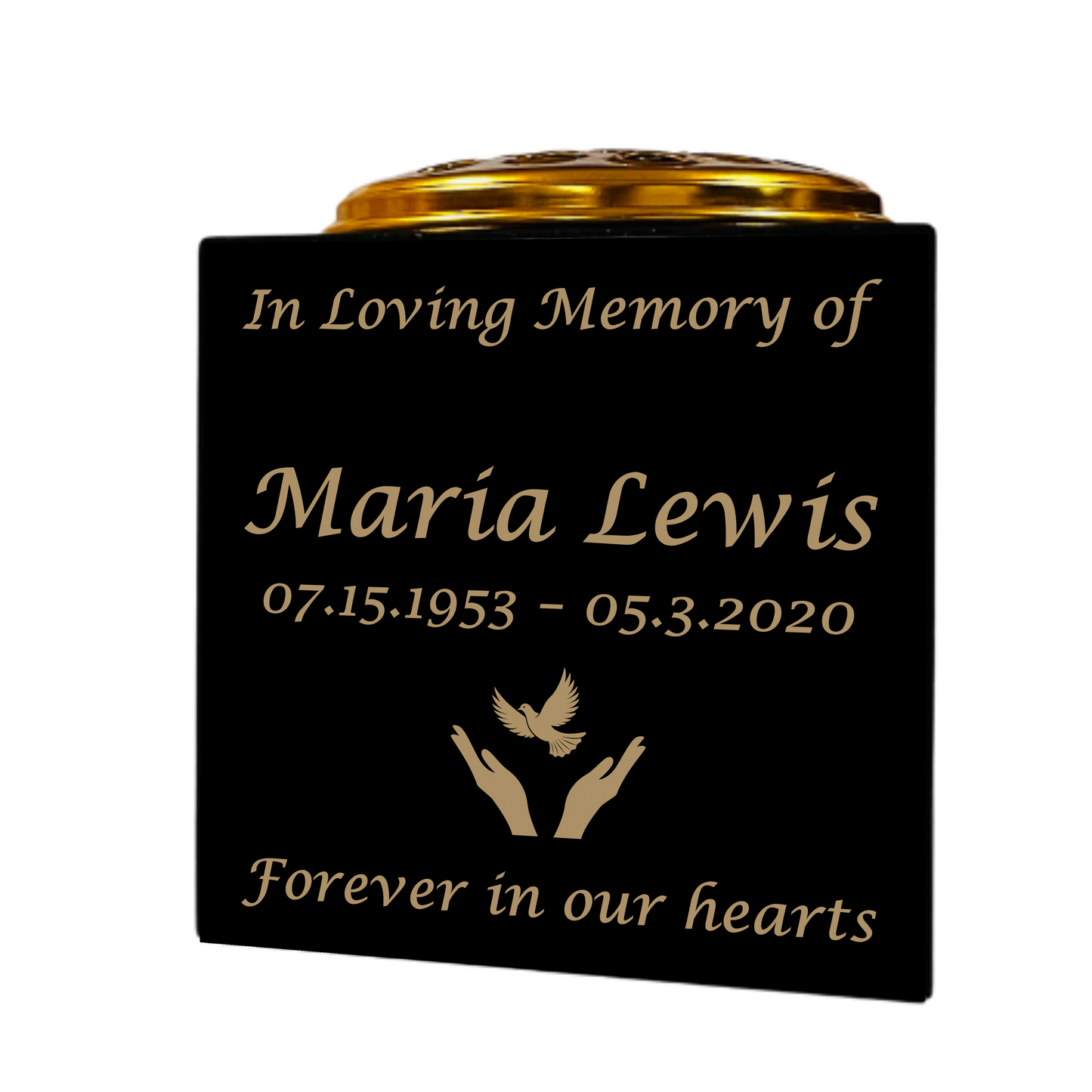 Granite Memorial Vase- Solid Granite – Free Personalised Gold Engraving, Hands with Dove  – Includes Metal Flower Pot Insert