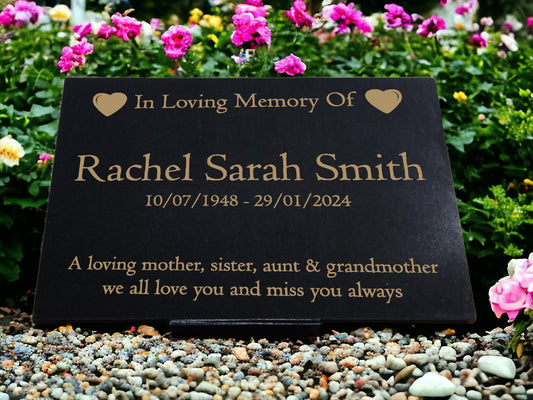 Granite Memorial Plaque, Heart, Personalised, Stand Included