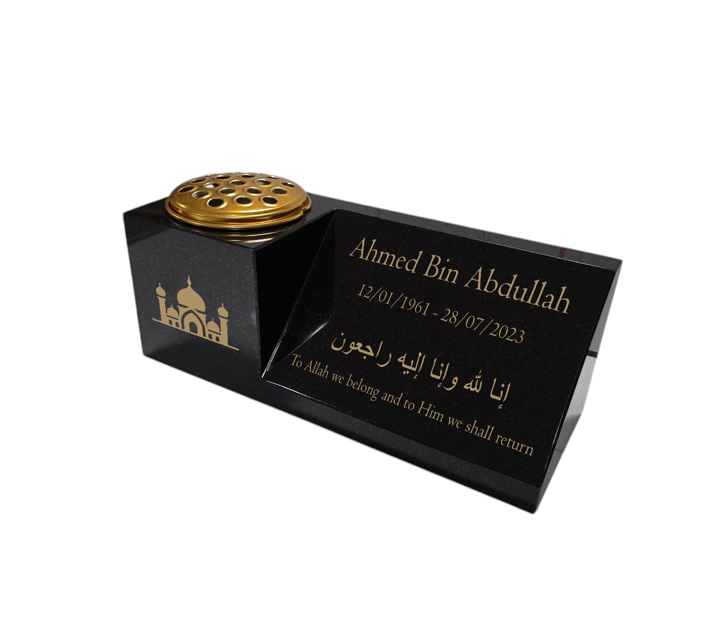 Granite Memorial Vase and Plaque Combination – Islamic Design 2, Solid Granite (16x6x6”) with Flower Pot Insert