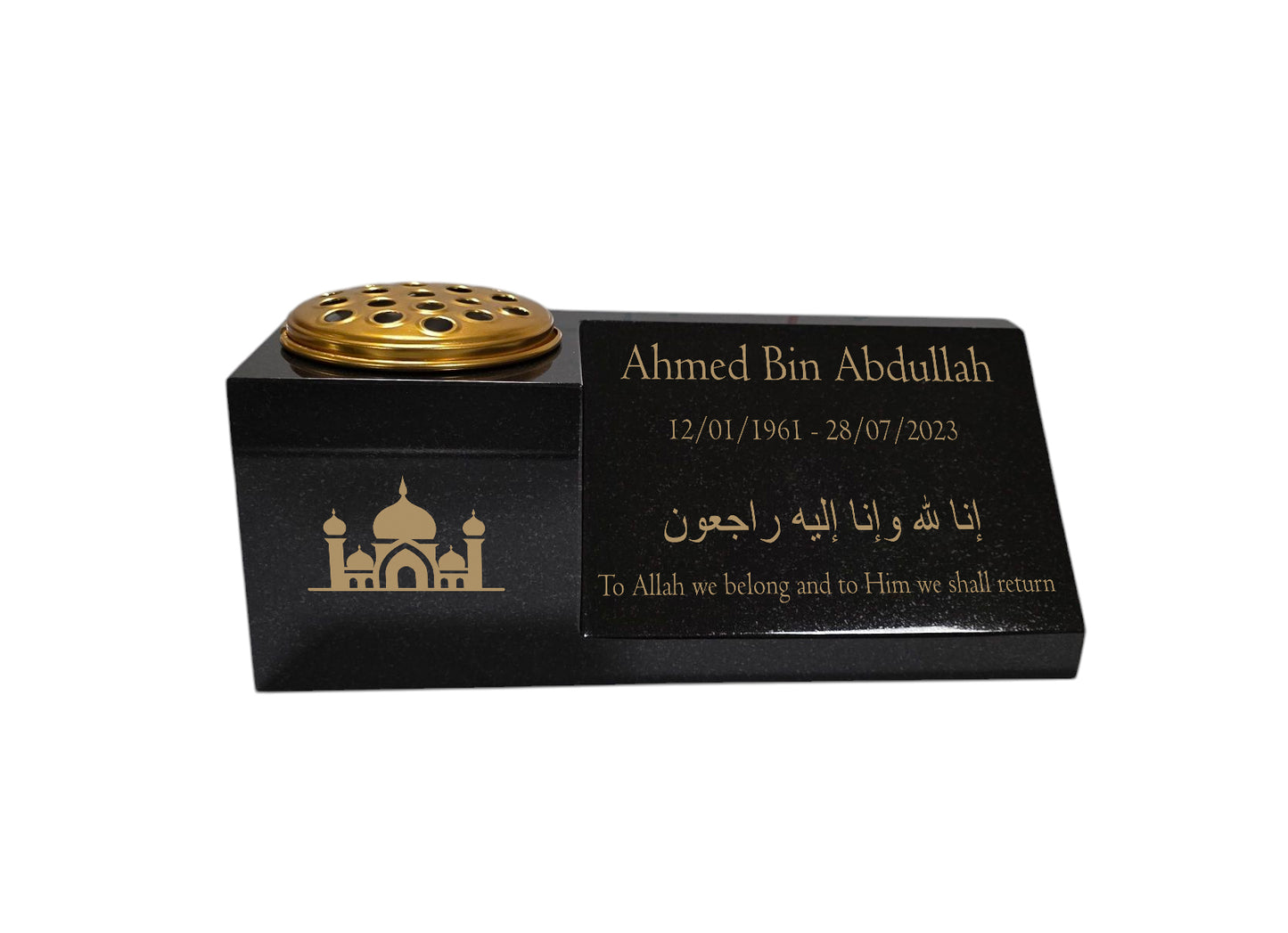 Granite Memorial Vase and Plaque Combination – Islamic Design 2, Solid Granite (16x6x6”) with Flower Pot Insert