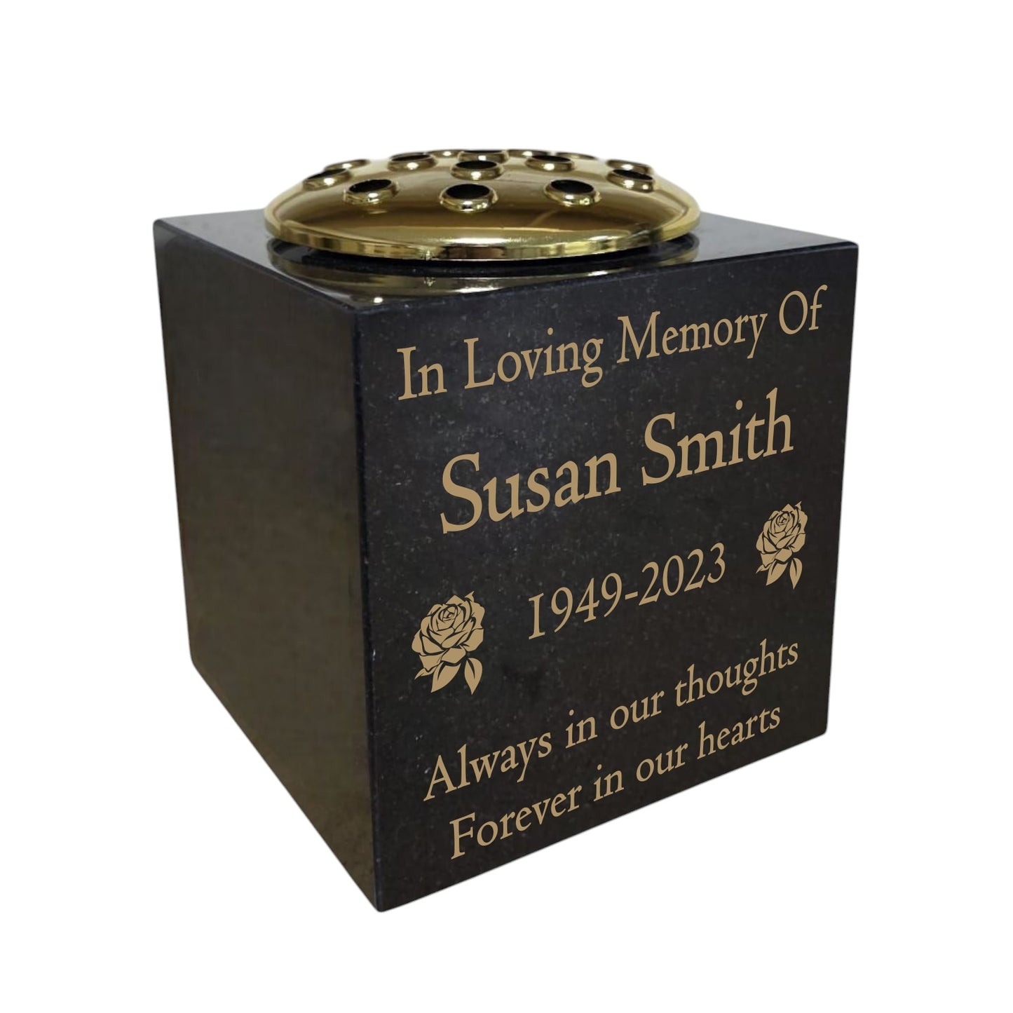 Granite Memorial Vase- Solid Granite – Free Personalised Gold Engraving, Rose – Includes Metal Flower Pot Insert