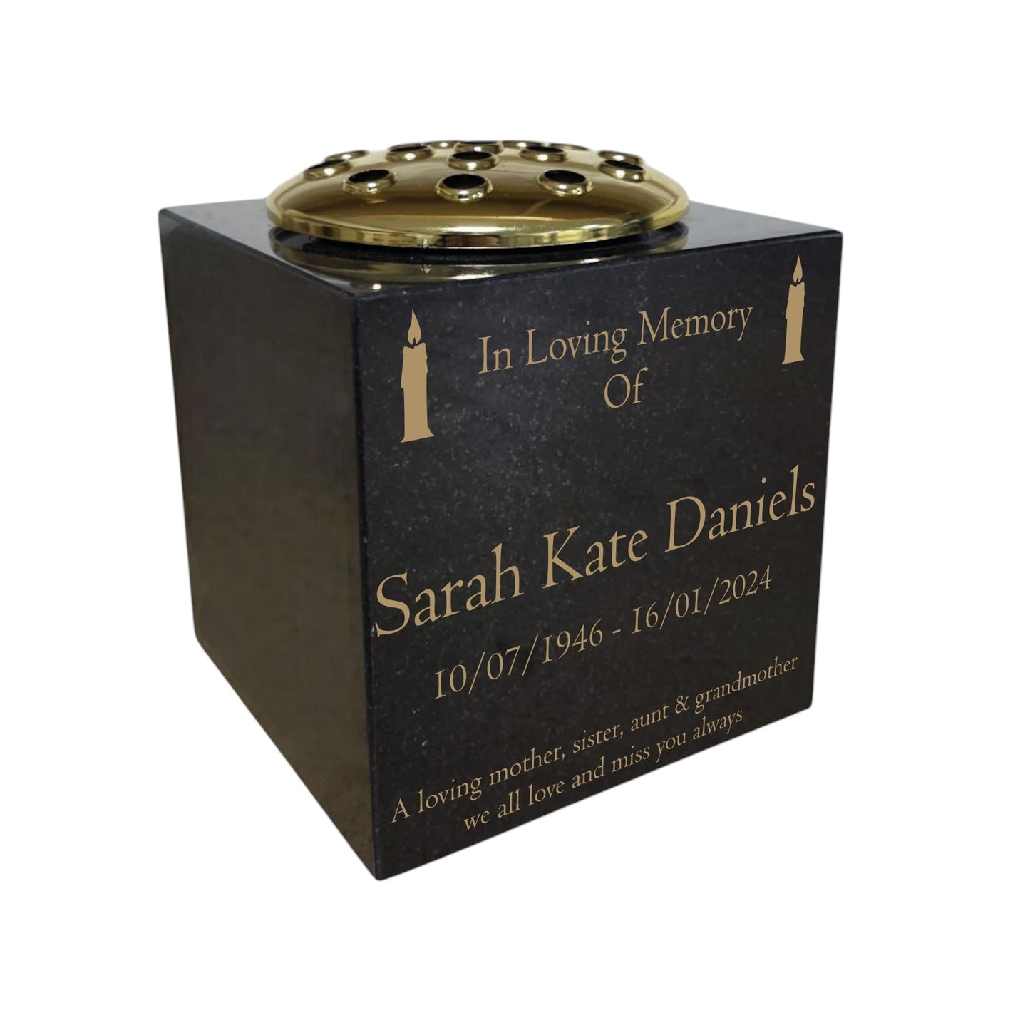 Granite Memorial Vase- Solid Granite – Free Personalised Gold Engraving , Candle – Includes Metal Flower Pot Insert