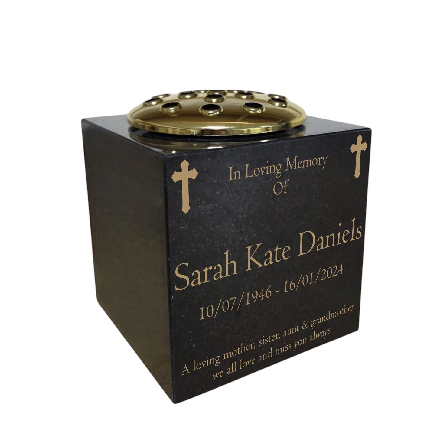 Granite Memorial Vase- Solid Granite – Free Personalised Gold Engraving , Cross – Includes Metal Flower Pot Insert