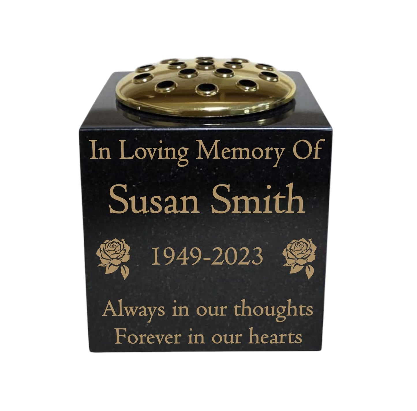 Granite Memorial Vase- Solid Granite – Free Personalised Gold Engraving, Rose – Includes Metal Flower Pot Insert