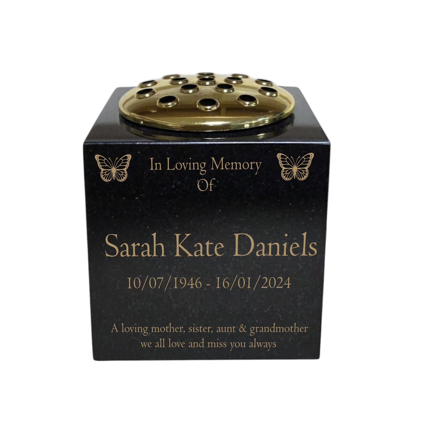 Granite Memorial Vase- Solid Granite – Free Personalised Gold Engraving , Butterfly – Includes Metal Flower Pot Insert