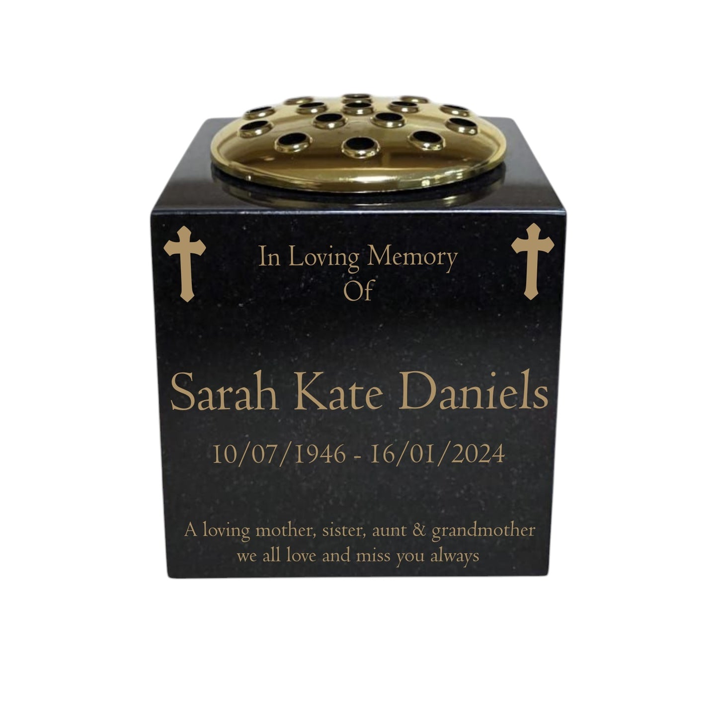 Granite Memorial Vase- Solid Granite – Free Personalised Gold Engraving , Cross – Includes Metal Flower Pot Insert