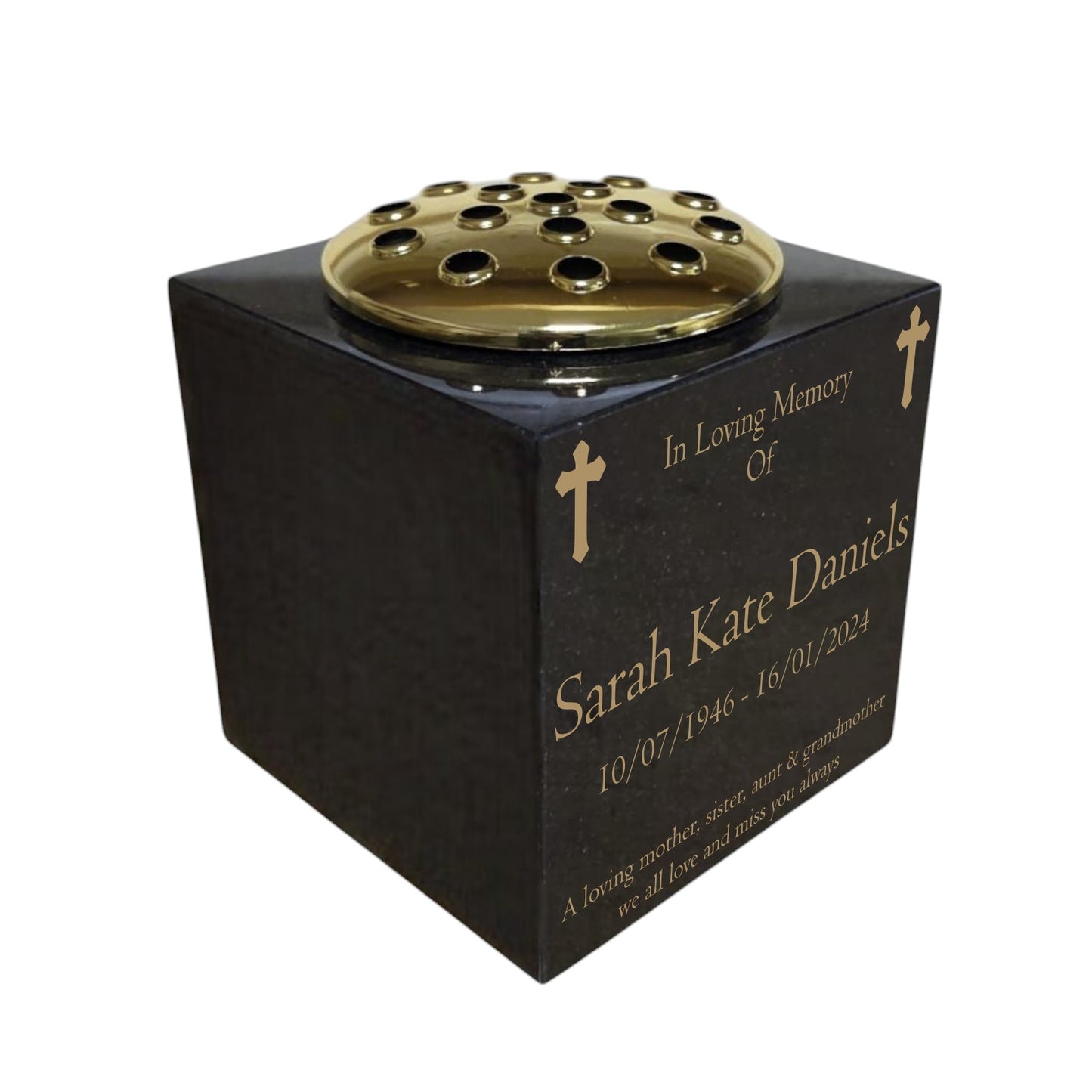 Granite Memorial Vase- Solid Granite – Free Personalised Gold Engraving , Cross – Includes Metal Flower Pot Insert