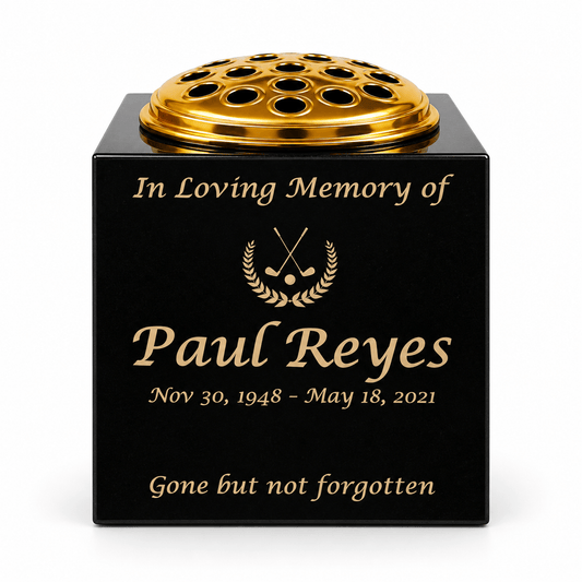 Granite Memorial Vase- Solid Granite – Free Personalized Gold Engraving, Golf Design – Includes Metal Flower Pot Insert