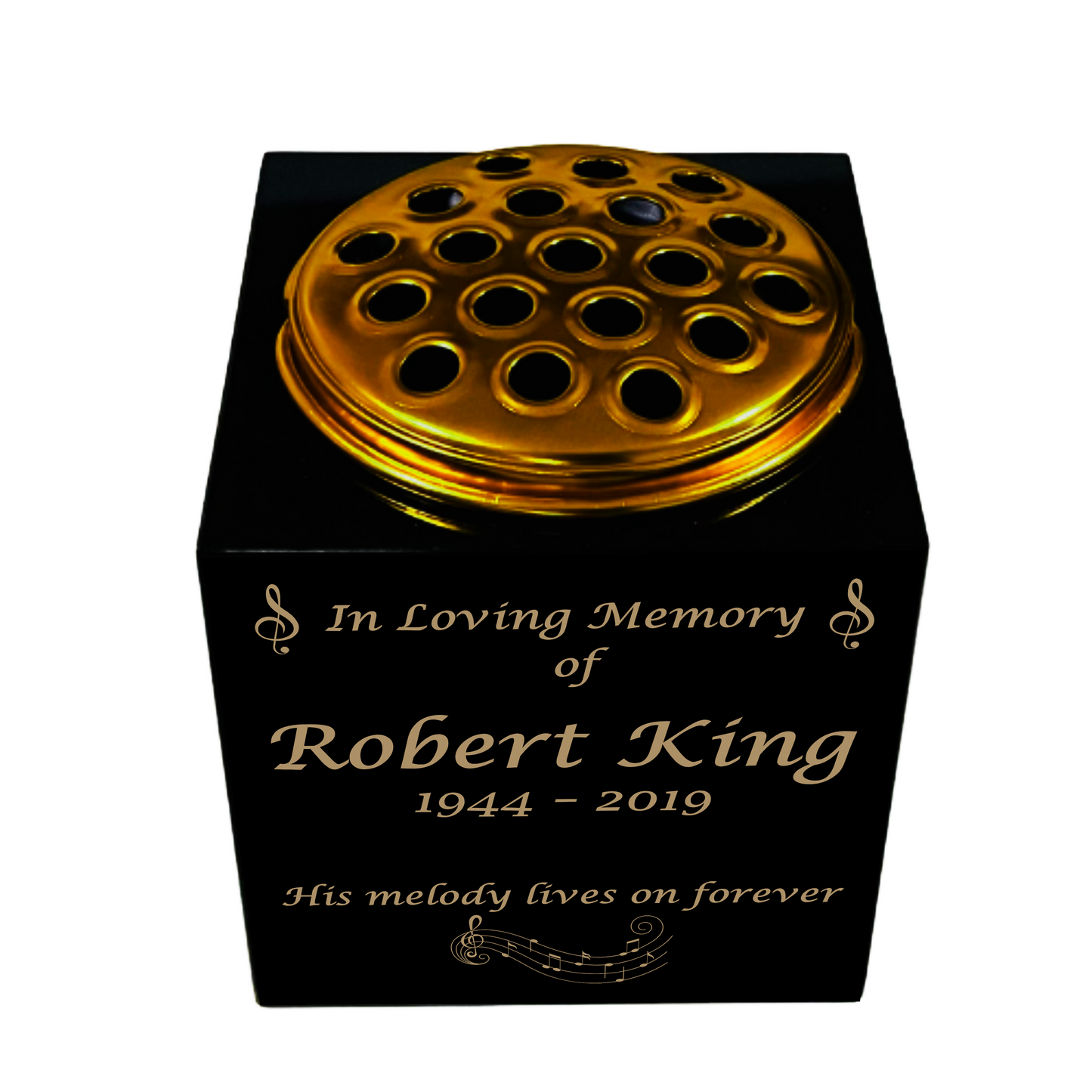 Granite Memorial Vase- Solid Granite – Free Personalized Gold Engraving, Musical Notes – Includes Metal Flower Pot Insert
