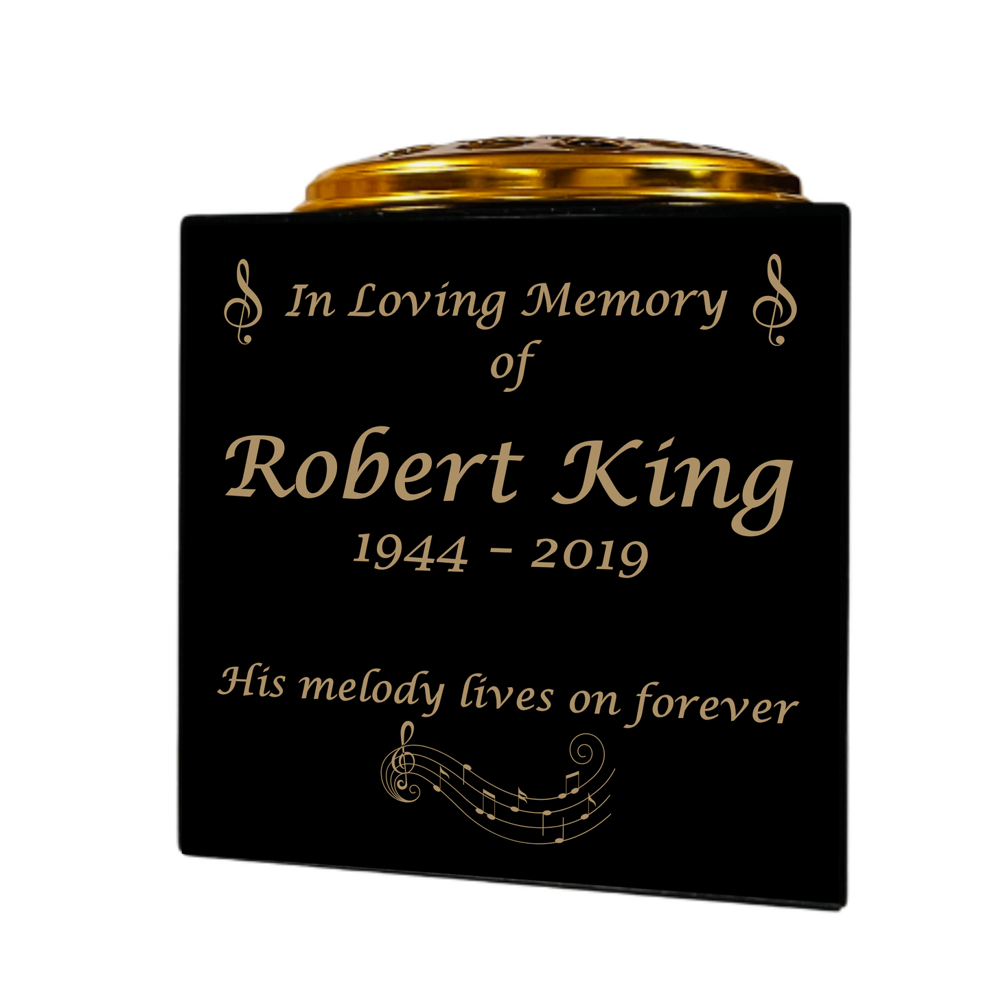 Granite Memorial Vase- Solid Granite – Free Personalized Gold Engraving, Musical Notes – Includes Metal Flower Pot Insert