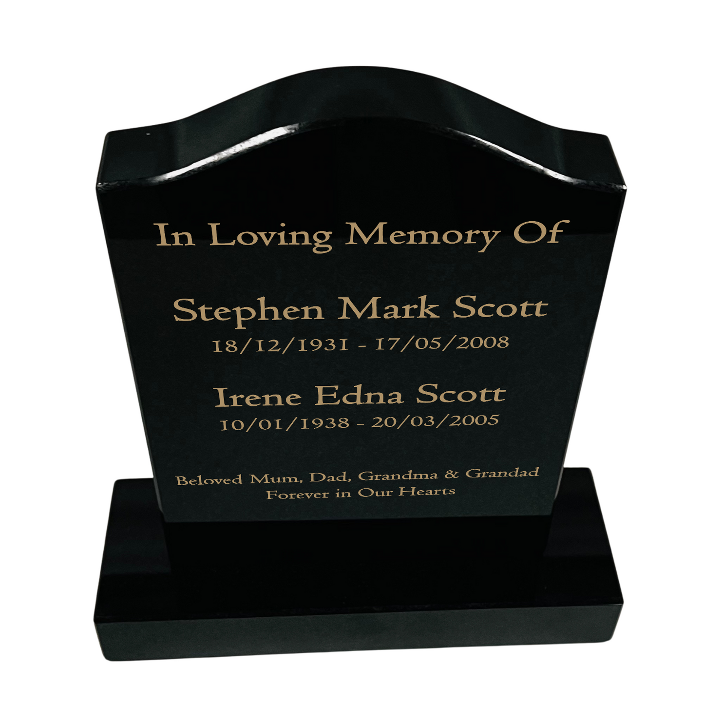 Granite Memorial Ogee Headstone for Two Names, Free Personalised Gold Engraving, Polished Black Granite